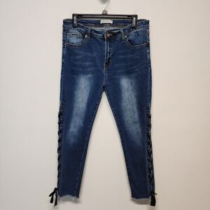 AQ Lace Up Skinny Jeans Size 15/16 30x26" Raw Hem Distress Stretch Y2K Baddie